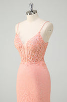 Load image into Gallery viewer, Orange Spaghetti Straps Mermaid Corset Sequined Prom Dress