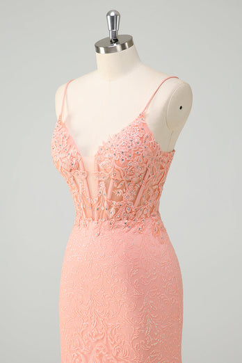 Orange Spaghetti Straps Mermaid Corset Sequined Prom Dress