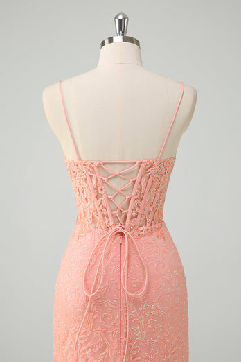 Orange Spaghetti Straps Mermaid Corset Sequined Prom Dress