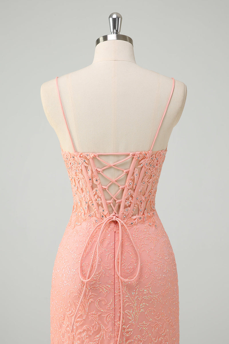 Load image into Gallery viewer, Orange Spaghetti Straps Mermaid Corset Sequined Prom Dress