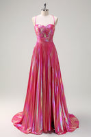 Load image into Gallery viewer, Fuchsia A Line Metallic Pleated Long Prom Dress with Slit