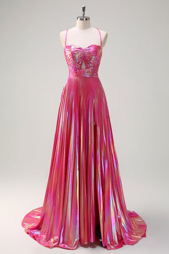 Fuchsia A Line Metallic Pleated Long Prom Dress with Slit