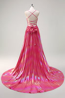 Load image into Gallery viewer, Fuchsia A Line Metallic Pleated Long Prom Dress with Slit