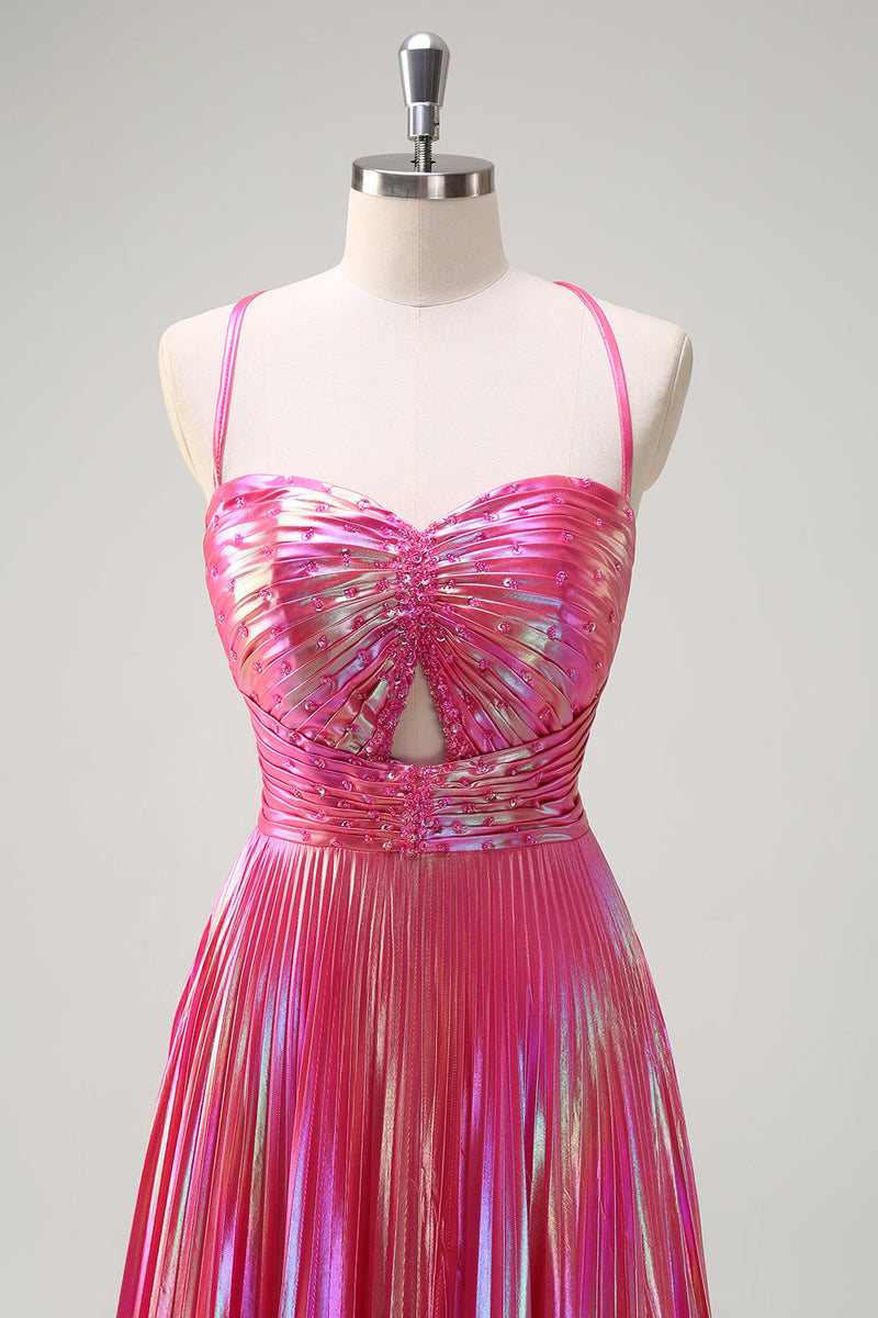 Load image into Gallery viewer, Fuchsia A Line Metallic Pleated Long Prom Dress with Slit