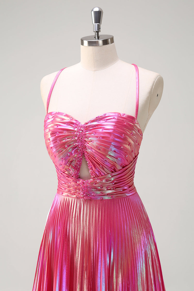 Load image into Gallery viewer, Fuchsia A Line Metallic Pleated Long Prom Dress with Slit
