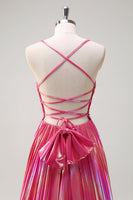 Load image into Gallery viewer, Fuchsia A Line Metallic Pleated Long Prom Dress with Slit