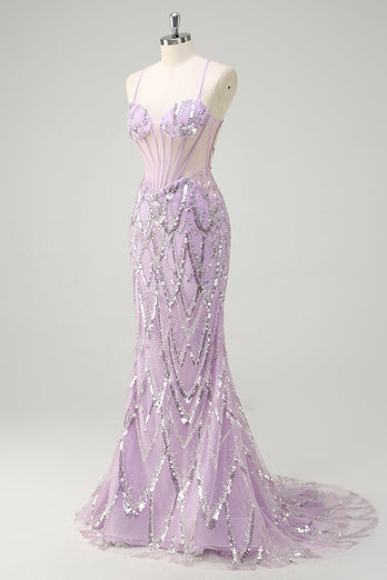 Mermaid Lilac Spaghetti Straps Corset Sequin Long Prom Dress