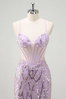 Load image into Gallery viewer, Mermaid Lilac Spaghetti Straps Corset Sequin Long Prom Dress