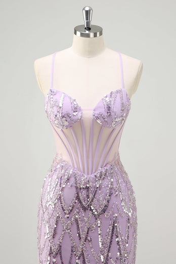 Mermaid Lilac Spaghetti Straps Corset Sequin Long Prom Dress