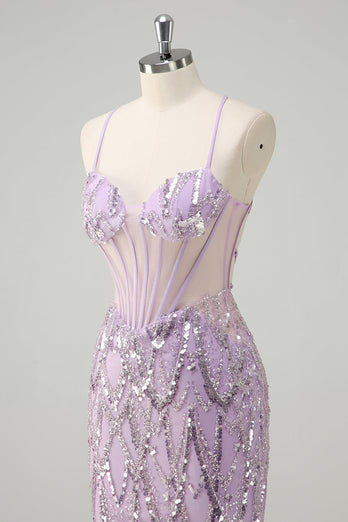 Mermaid Lilac Spaghetti Straps Corset Sequin Long Prom Dress
