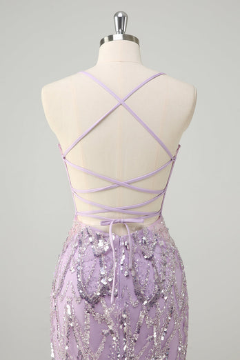Mermaid Lilac Spaghetti Straps Corset Sequin Long Prom Dress
