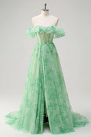 Load image into Gallery viewer, Green A Line Off The Shoulder Corset Ruffled Long Prom Dress