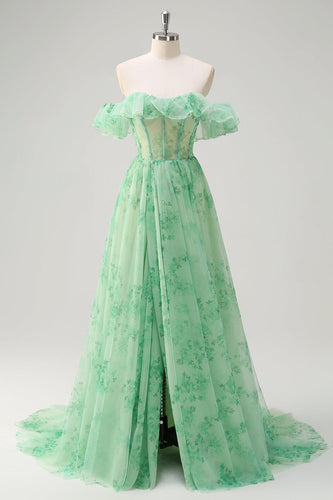 Green A Line Off The Shoulder Corset Ruffled Long Prom Dress