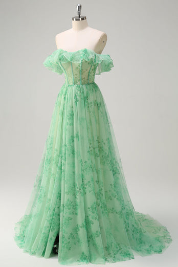 Green A Line Off The Shoulder Corset Ruffled Long Prom Dress