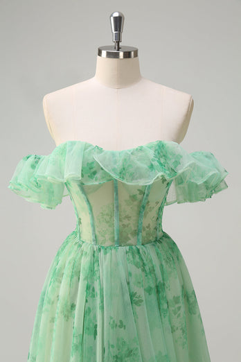 Green A Line Off The Shoulder Corset Ruffled Long Prom Dress