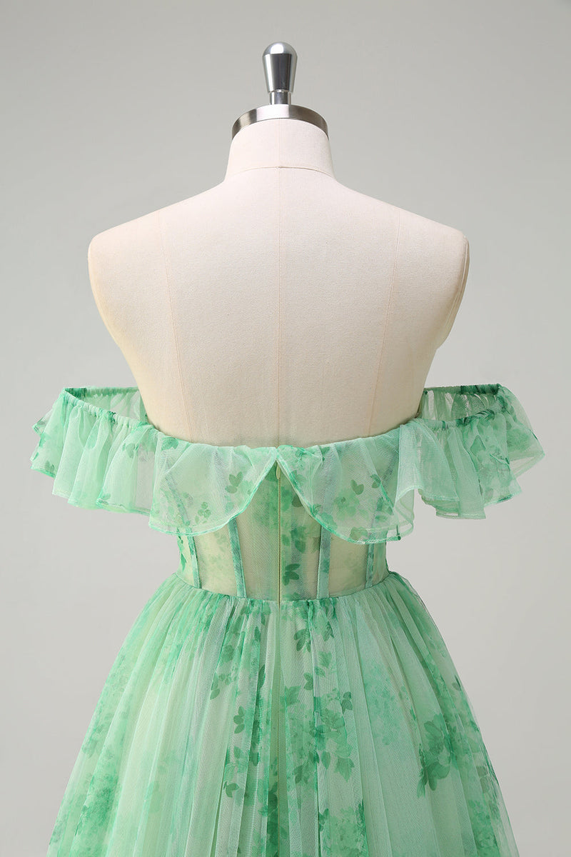 Load image into Gallery viewer, Green A Line Off The Shoulder Corset Ruffled Long Prom Dress