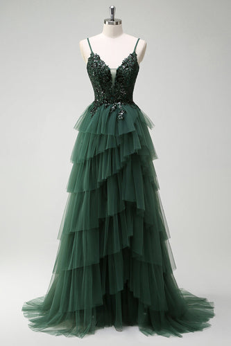 Sparkly Dark Green A Line Corset Long Prom Dress with Slit