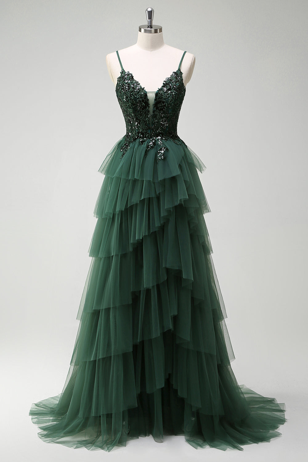 Sparkly Dark Green A Line Corset Long Prom Dress with Slit