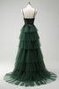 Load image into Gallery viewer, Sparkly Dark Green A Line Corset Long Prom Dress with Slit