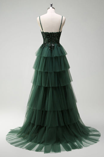 Sparkly Dark Green A Line Corset Long Prom Dress with Slit