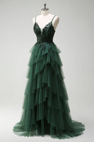 Load image into Gallery viewer, Sparkly Dark Green A Line Corset Long Prom Dress with Slit