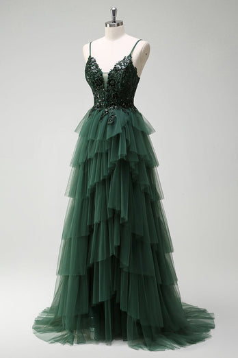 Sparkly Dark Green A Line Corset Long Prom Dress with Slit
