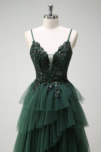 Sparkly Dark Green A Line Corset Long Prom Dress with Slit