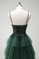 Load image into Gallery viewer, Sparkly Dark Green A Line Corset Long Prom Dress with Slit
