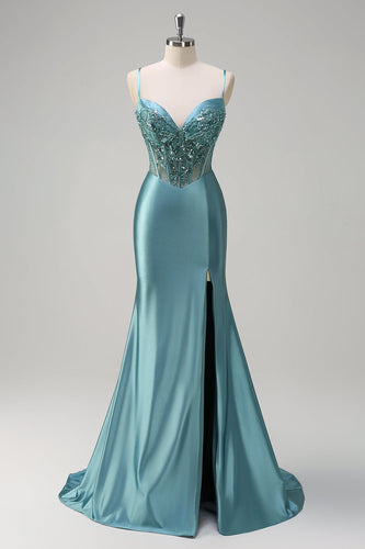 Grey Green Mermaid Corset Long Prom Dress with Slit