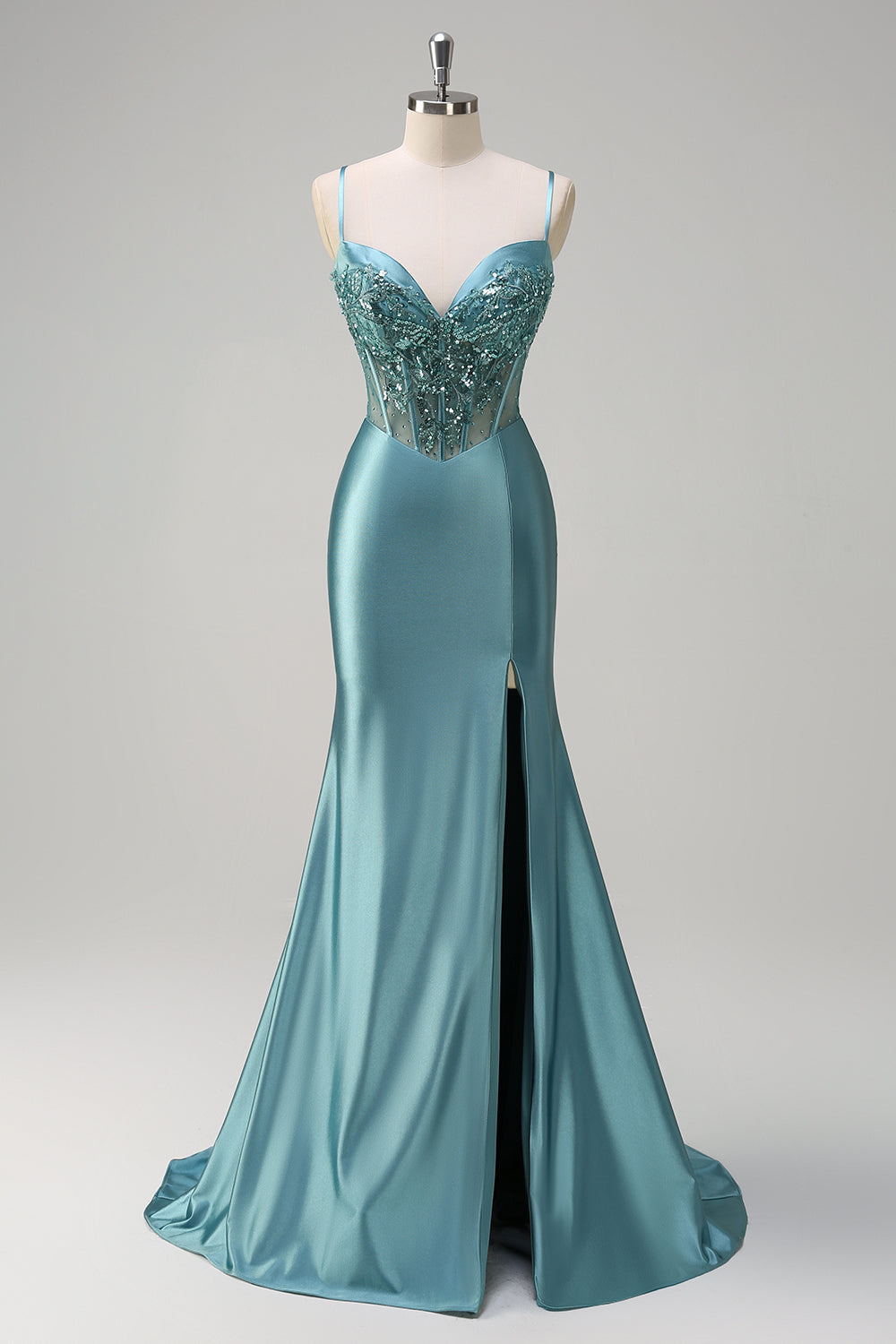 Grey Green Mermaid Corset Long Prom Dress with Slit