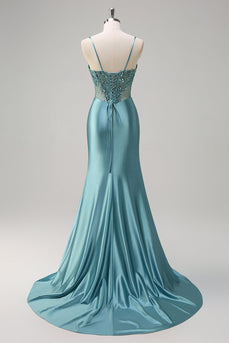 Grey Green Mermaid Corset Long Prom Dress with Slit