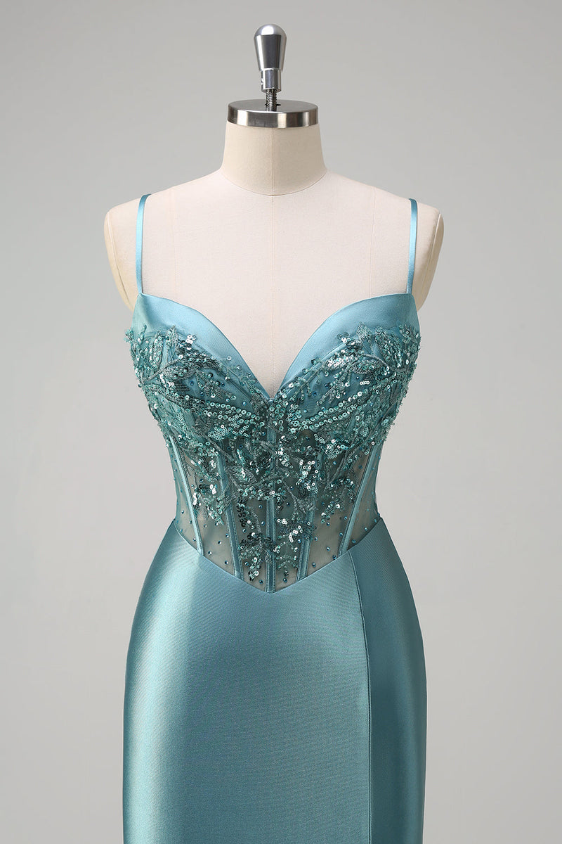 Load image into Gallery viewer, Grey Green Mermaid Corset Long Prom Dress with Slit