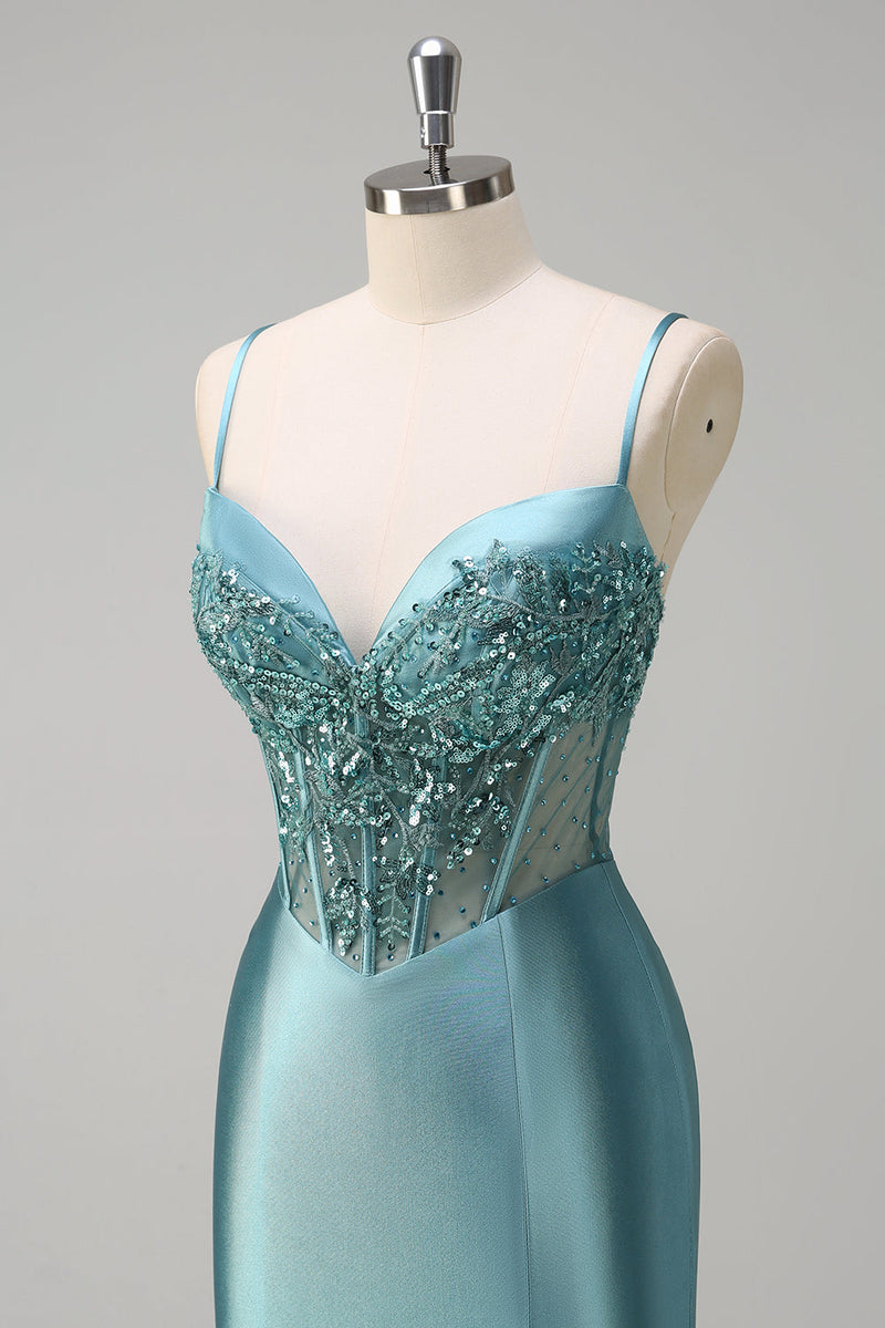 Load image into Gallery viewer, Grey Green Mermaid Corset Long Prom Dress with Slit