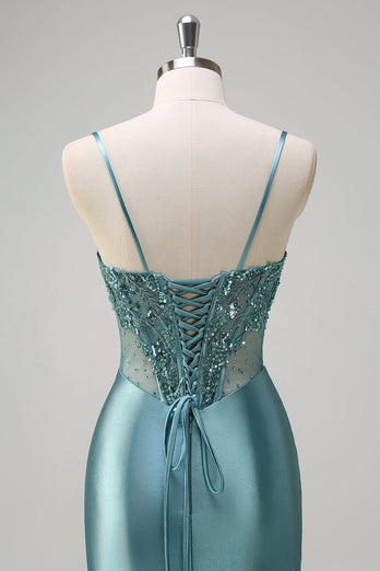 Grey Green Mermaid Corset Long Prom Dress with Slit