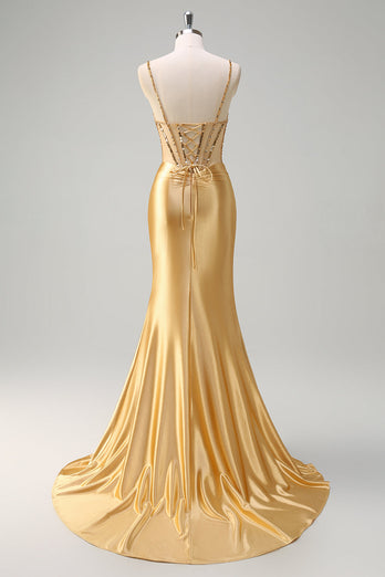 Golden Mermaid Corset Long Prom Dress with Slit