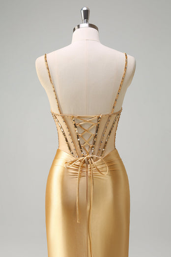 Golden Mermaid Corset Long Prom Dress with Slit