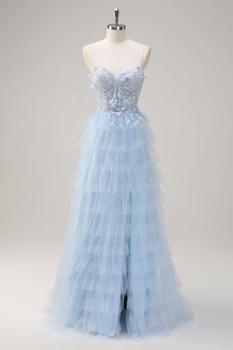 Light Blue A Line Tulle Tiered Long Corset Prom Dress