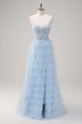 Light Blue A Line Tulle Tiered Long Corset Prom Dress