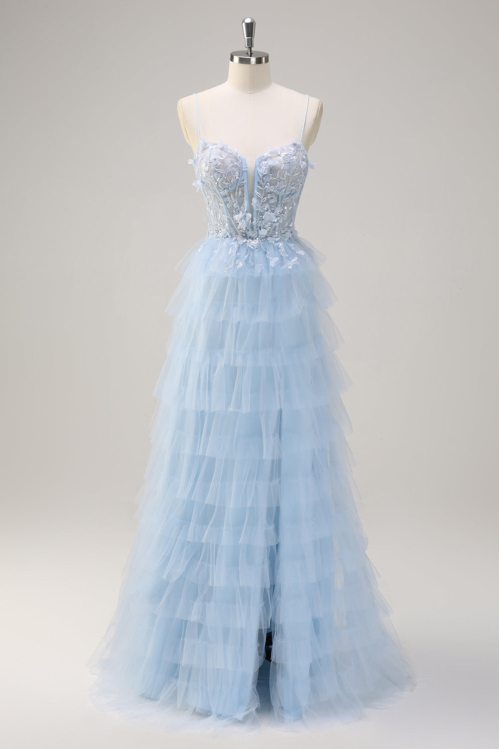 Light Blue A Line Tulle Tiered Long Corset Prom Dress
