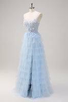 Load image into Gallery viewer, Light Blue A Line Tulle Tiered Long Corset Prom Dress
