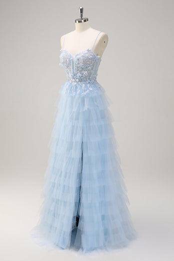 Light Blue A Line Tulle Tiered Long Corset Prom Dress