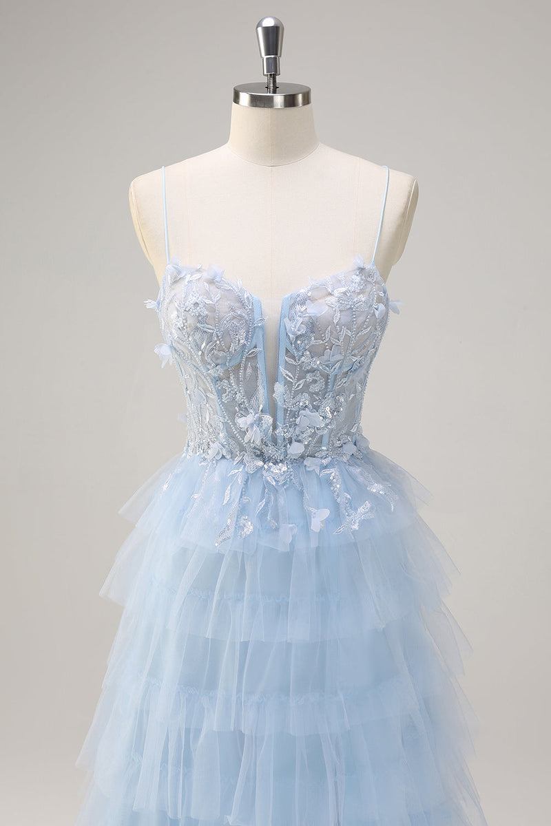 Load image into Gallery viewer, Light Blue A Line Tulle Tiered Long Corset Prom Dress