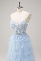 Load image into Gallery viewer, Light Blue A Line Tulle Tiered Long Corset Prom Dress