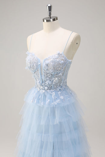 Light Blue A Line Tulle Tiered Long Corset Prom Dress
