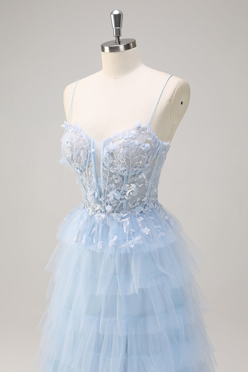 Load image into Gallery viewer, Light Blue A Line Tulle Tiered Long Corset Prom Dress