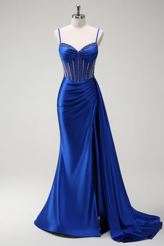 Sparkly Royal Blue Mermaid Corset Satin Long Prom Dress