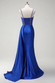 Sparkly Royal Blue Mermaid Corset Satin Long Prom Dress