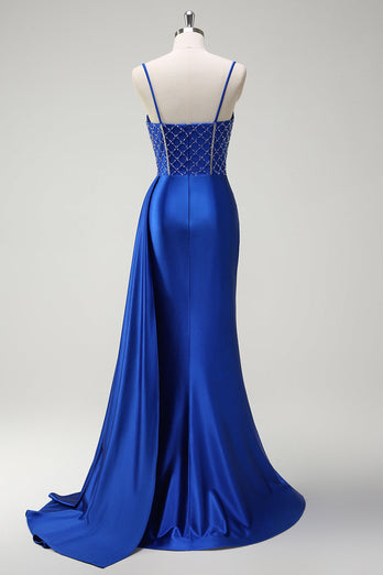 Sparkly Royal Blue Mermaid Corset Satin Long Prom Dress