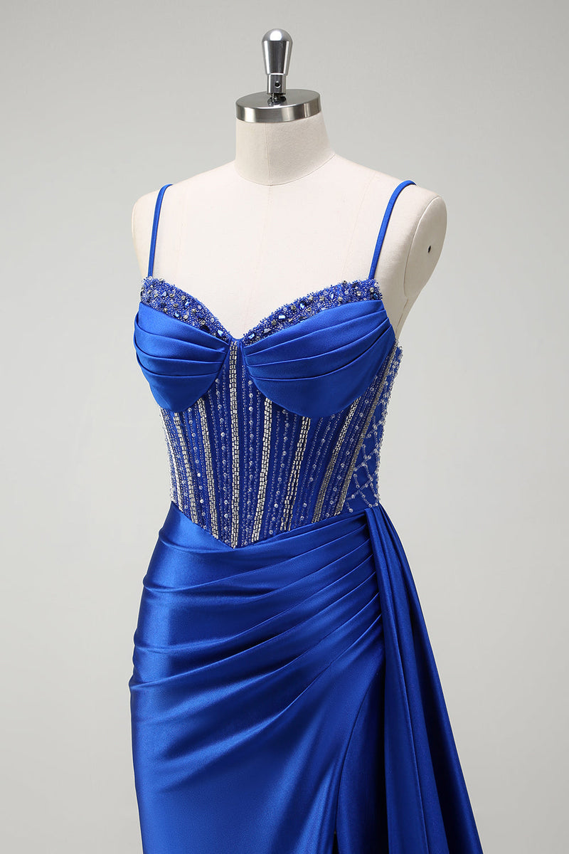 Load image into Gallery viewer, Sparkly Royal Blue Mermaid Corset Satin Long Prom Dress