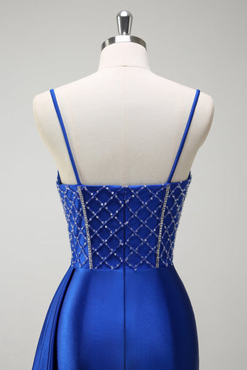 Sparkly Royal Blue Mermaid Corset Satin Long Prom Dress